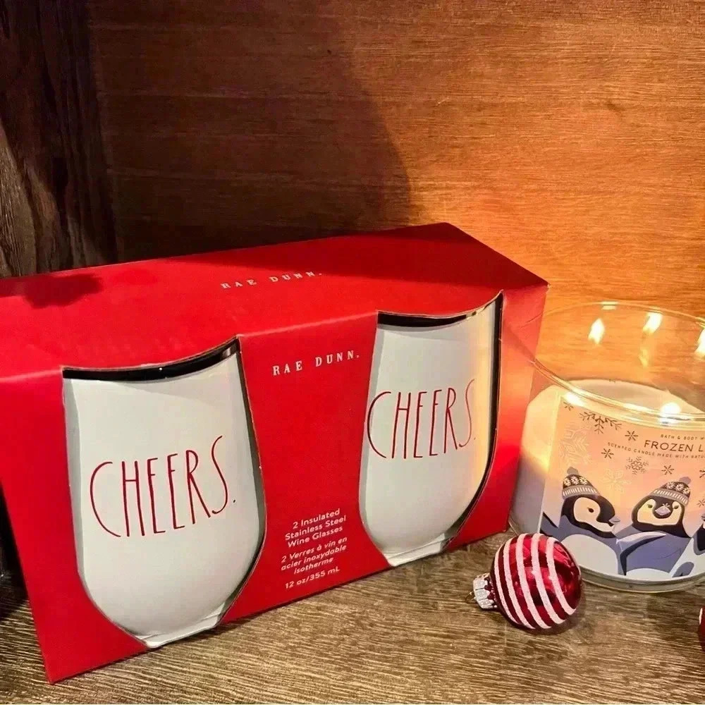 NEW 2 (Two) Rae Dunn - Insulated Stainless Steel Stemless Wine Glasses - CHEERS